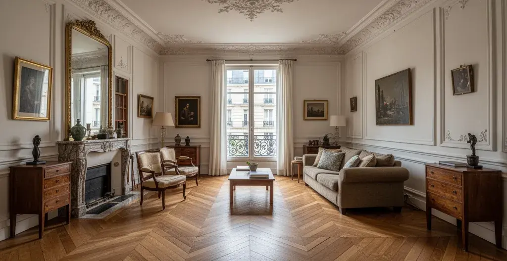 Salon appartement parisien haussmannien avec parquet point de Hongrie et moulures au plafond