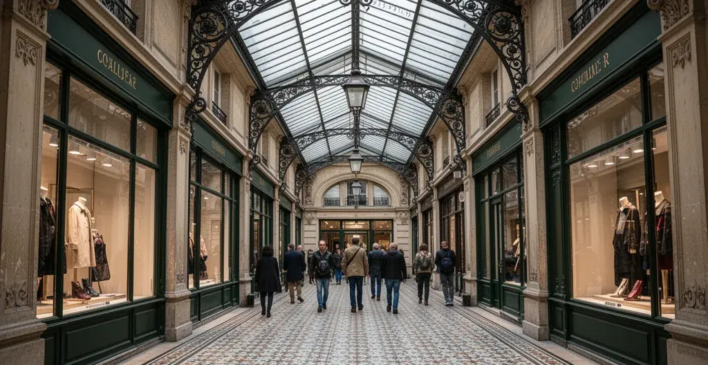 Passage couvert historique Paris 2e avec verrière en fer forgé et vitrines anciennes