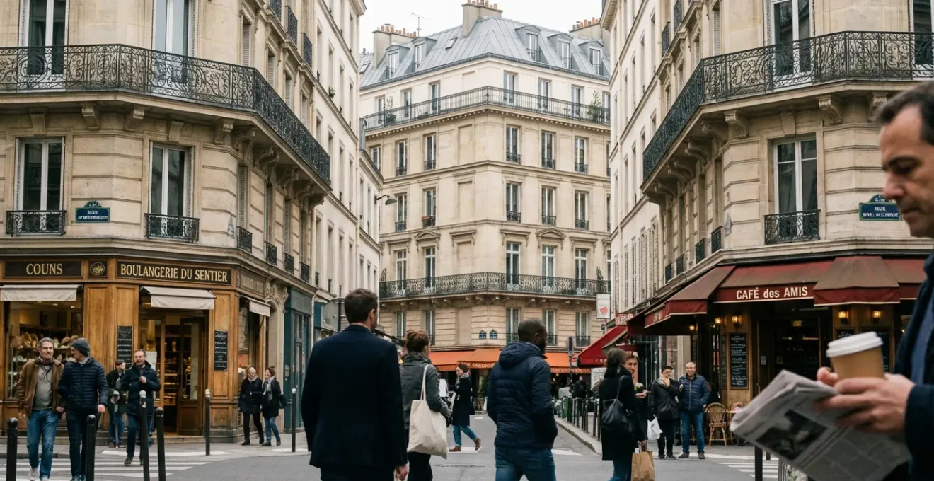 Rue commerçante typique du 2e arrondissement Paris avec façades haussmanniennes et passants