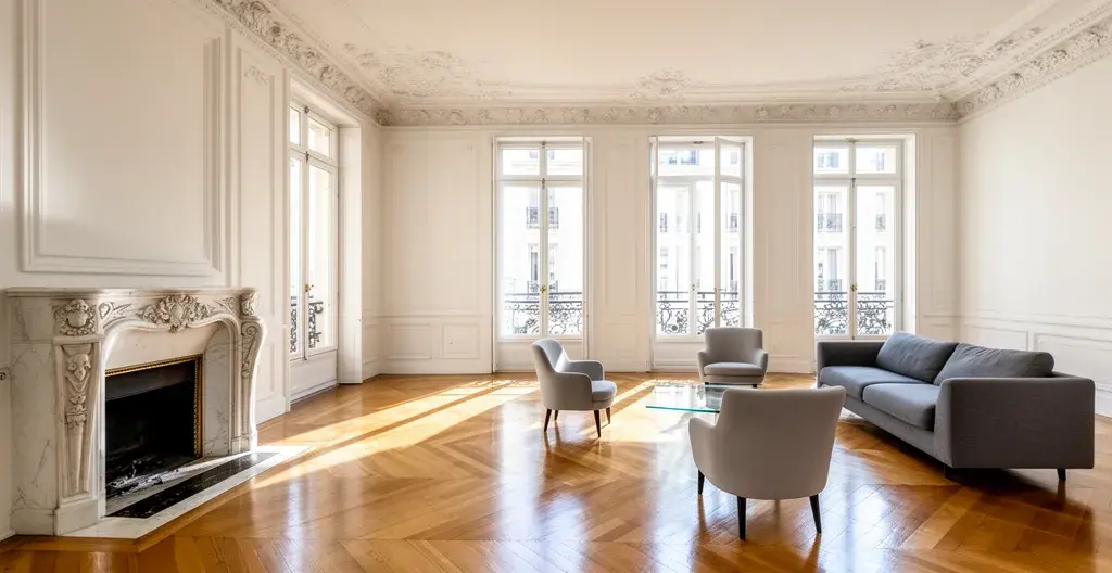 Grand salon haussmannien avec cheminée en marbre et parquet point de Hongrie typique immobilier prestige Yvelines
