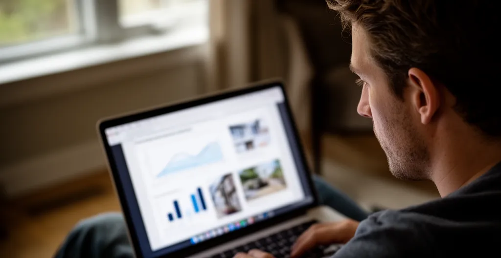 Personne consultant un rapport d'inspection sur ordinateur portable dans un salon