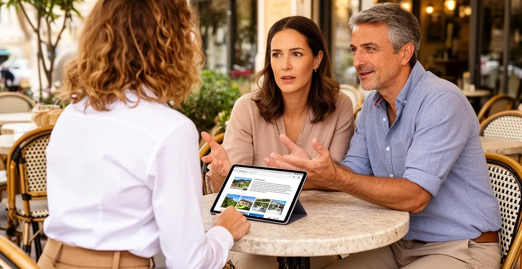 Agent immobilier consultant documents avec clients en terrasse à Port Grimaud