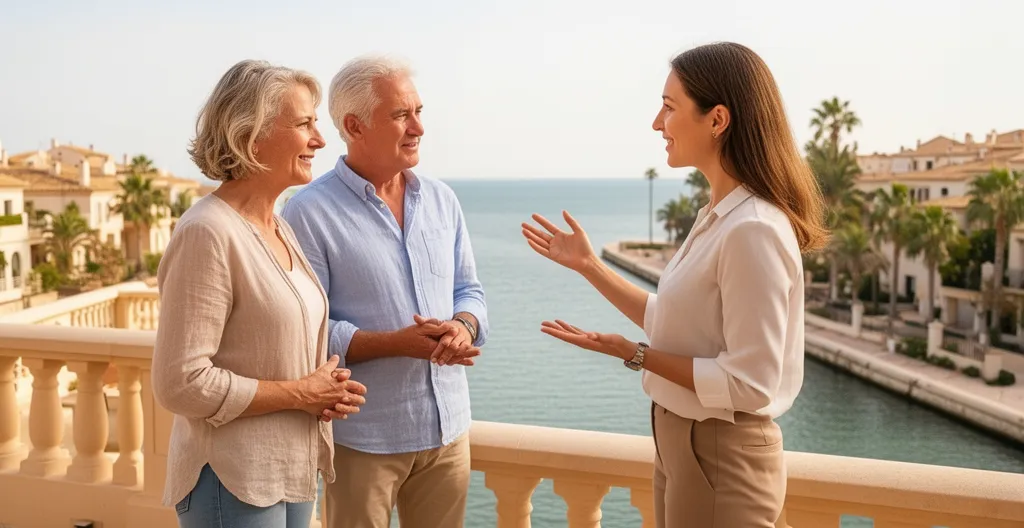 Couple cinquantenaire visitant une propriété avec agent immobilier à Port Grimaud
