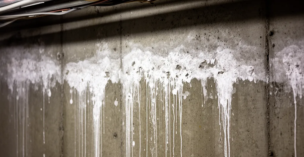 Traces d'infiltration et efflorescence sur mur de béton au sous-sol