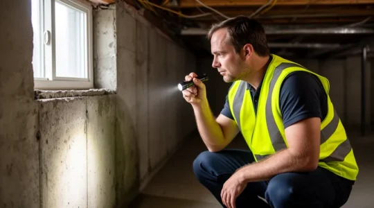 Inspecteur en bâtiment examinant une fondation de maison québécoise avec lampe de poche
