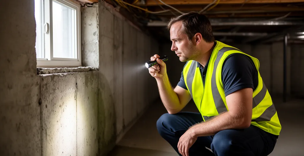 Inspecteur en bâtiment examinant une fondation de maison québécoise avec lampe de poche