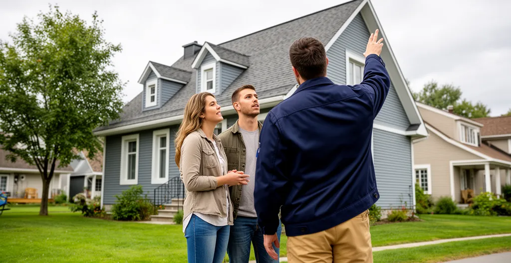 Inspecteur expliquant l'état de la toiture à un couple d'acheteurs devant une maison québécoise