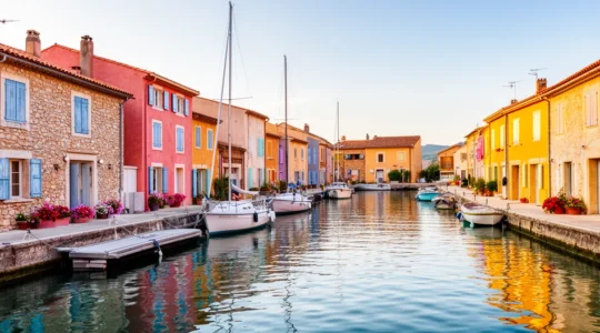 Vue panoramique des maisons colorées de Port Grimaud avec canaux et voiliers amarrés