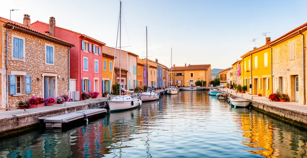 Vue panoramique des maisons colorées de Port Grimaud avec canaux et voiliers amarrés