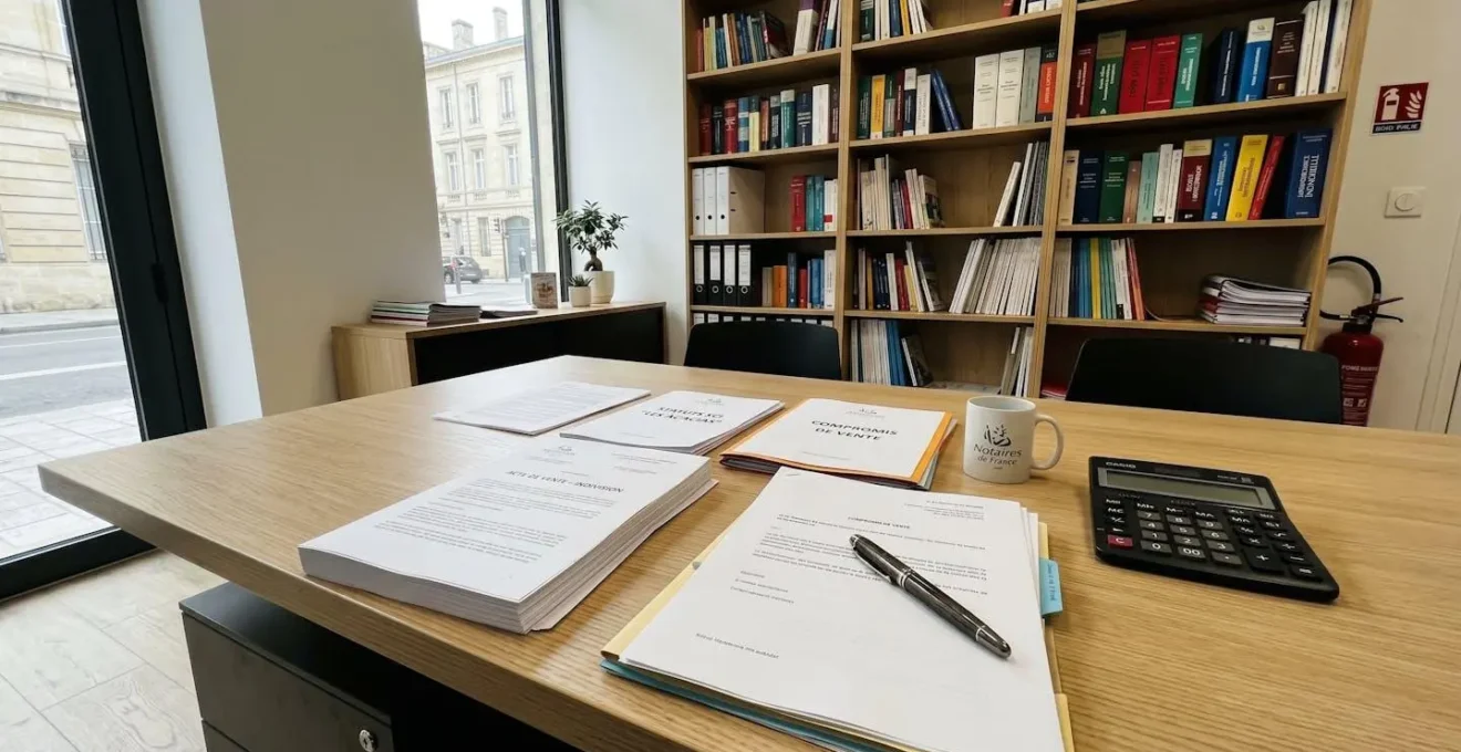 Documents juridiques (convention indivision, statuts SCI) étalés sur table notariale moderne avec stylo et calculatrice, bureau lumineux en arrière-plan