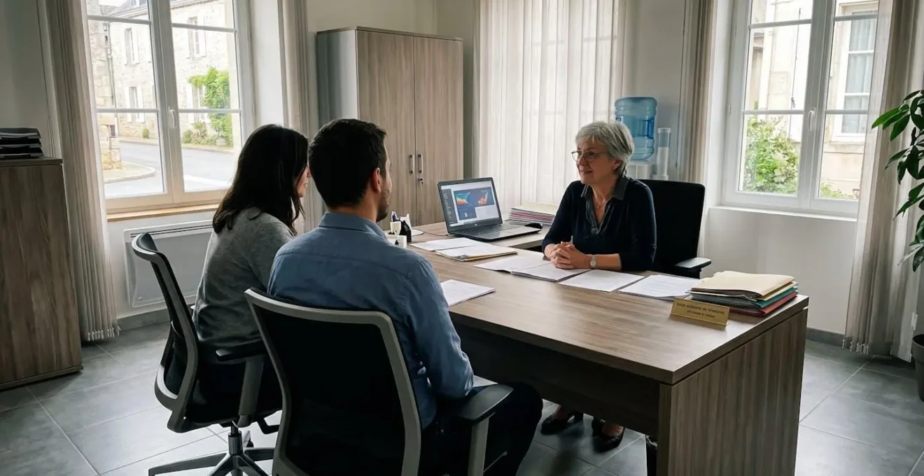 Un couple vu de dos consulte attentivement des documents administratifs posés sur une table claire dans un bureau contemporain lumineux