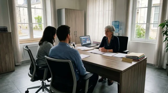 Un couple vu de dos consulte attentivement des documents administratifs posés sur une table claire dans un bureau contemporain lumineux