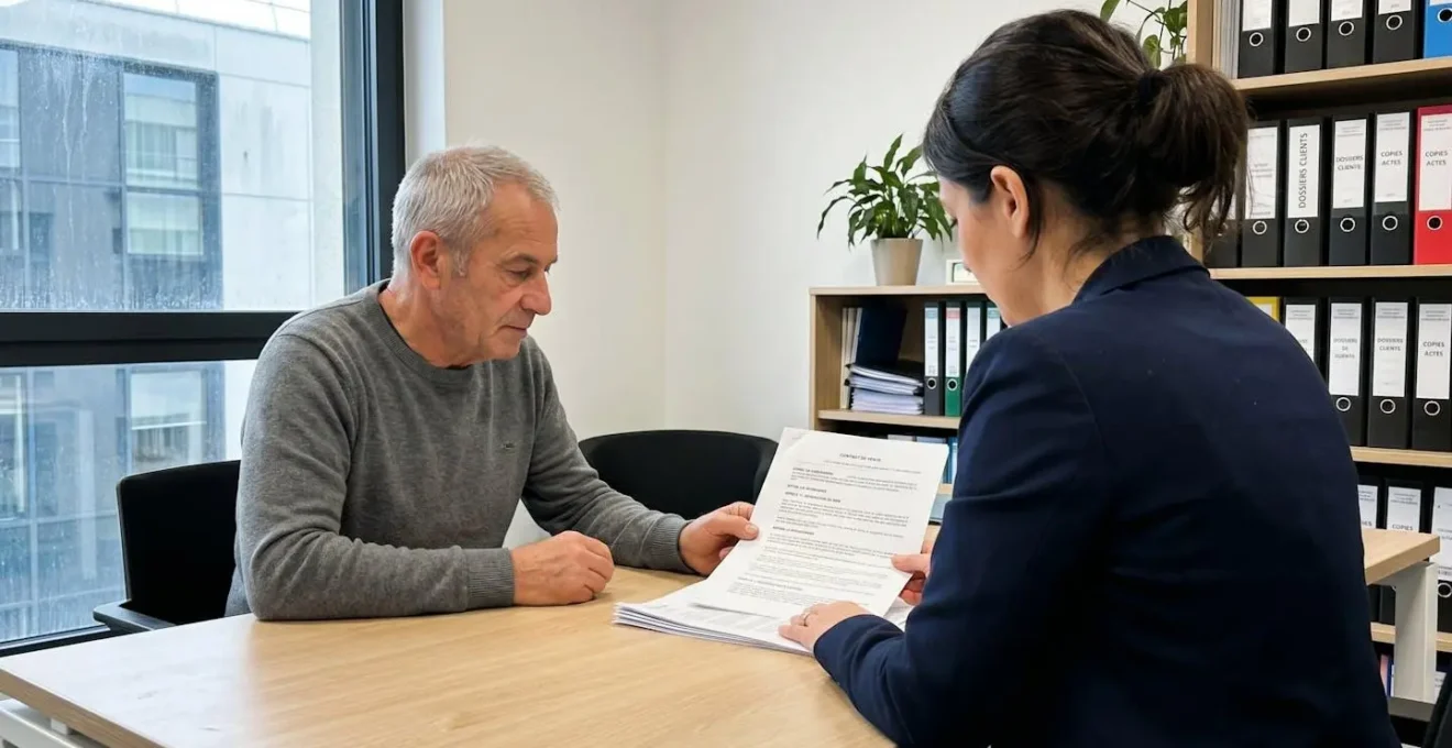 Un notaire vu de dos explique un document à un client visible de profil, geste de la main pointant une clause sur le papier, dans un bureau moderne