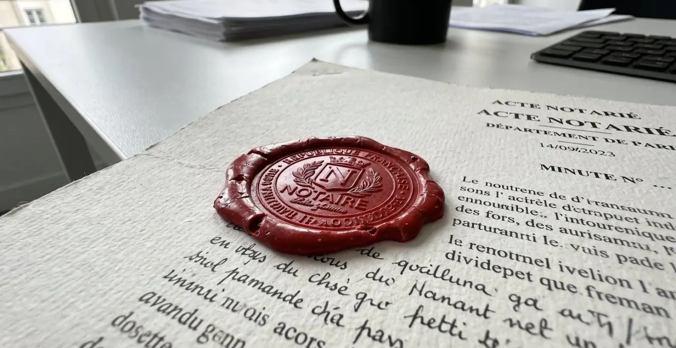Gros plan rapproché sur un tampon de notaire et une signature manuscrite apposés sur un document administratif officiel