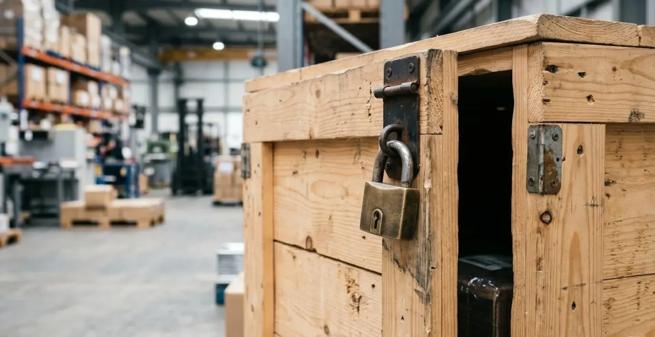Container de stockage sécurisé en bois clair, légèrement ouvert, avec serrure visible, arrière-plan industriel flou