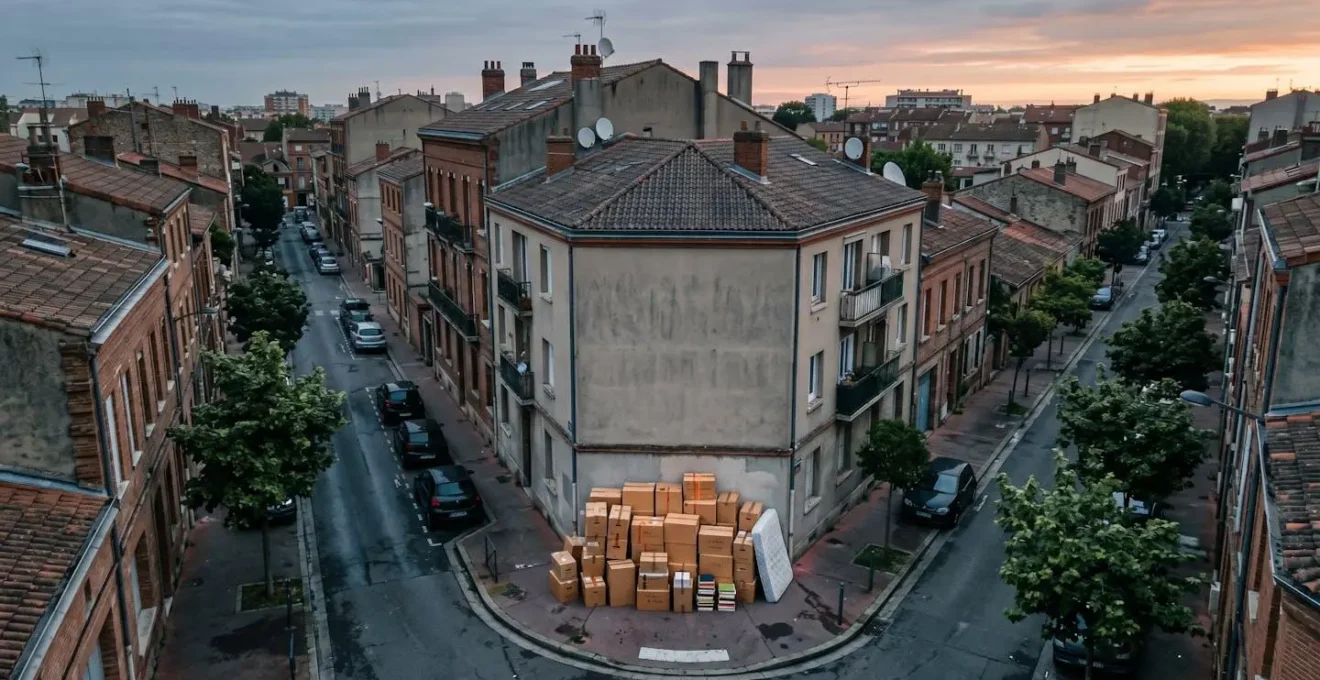 Vue aérienne d'un quartier résidentiel toulousain au lever du jour, cartons empilés au sol sur un trottoir, ambiance de départ organisé